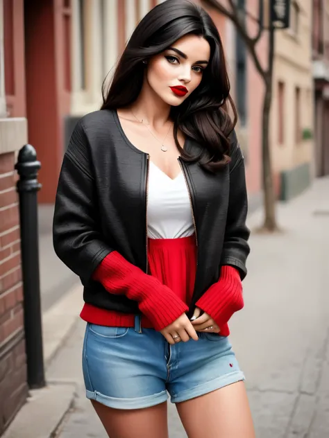 a woman with dark hair and red lipstick, vestida con una chaqueta y falda de cuero negras, dejando al descubierto su escote.