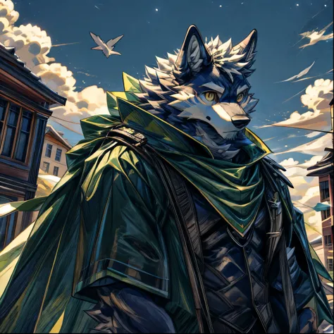 masterpiece,furry,high quality,hairy,Wolf,Gray fur,Yellow eyes,Green Travel Cape,look up,daytime,Clouds in the sky,Different World Town,The roof of the building,Curious face,Perfect background