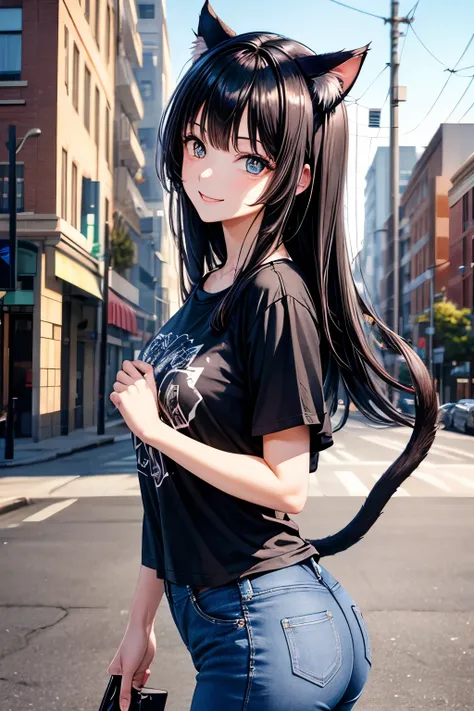 Top quality, high resolution, perfect human structure, background focus, cat ears, front view, shiny hair, black hair, urban, gradient eyes, flowing bangs, front angle, t-shirt, jeans, smile
