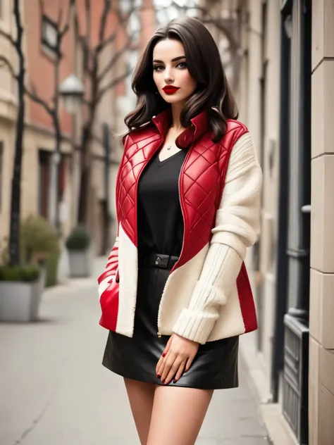 a woman with dark hair and red lipstick, vestida con una chaqueta y falda de cuero negras, dejando al descubierto su escote.