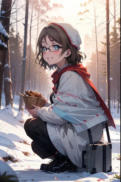 yo watanabe, yu watanabe, short hair, blue eyes, brown hair, smile, grin,medium breast,black-rimmed glasses,
open your mouth,sno...