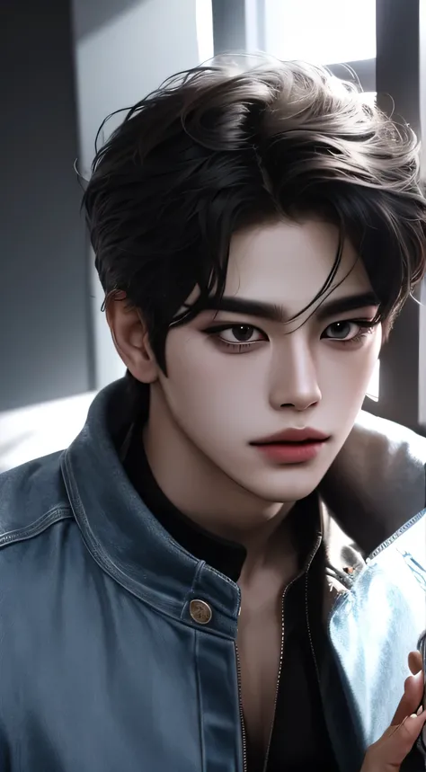 white studio,posing jojo character,ulzzang, handsome,1man,pose,model-pose,hands holding camera,male,add-two-block-hairstyle.