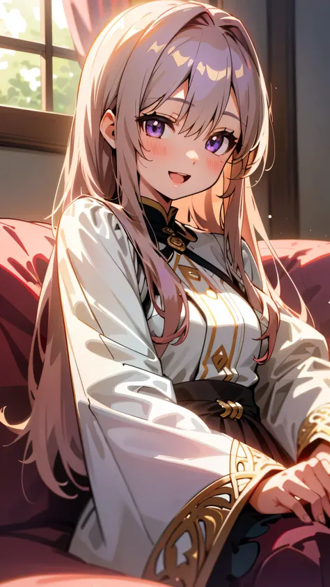 1 Girl、8k、Sharp focus、(Bokeh) (highest quality) (Detailed skin:1.3) (Intricate details) (anime)、美しい light brown hair、beautiful purple beautiful eyes、Long Hair、Transparent Hair、Translucent hair、smile、Open your mouth、Upper body close-up、Western-style room、so...