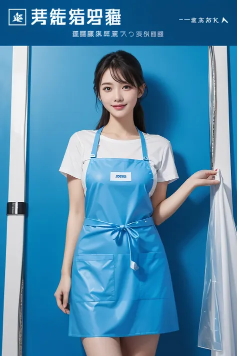 Waterproof apron business logo，No characters, only apron，Blue Background，It is a waterproof apron made of PVC material.。