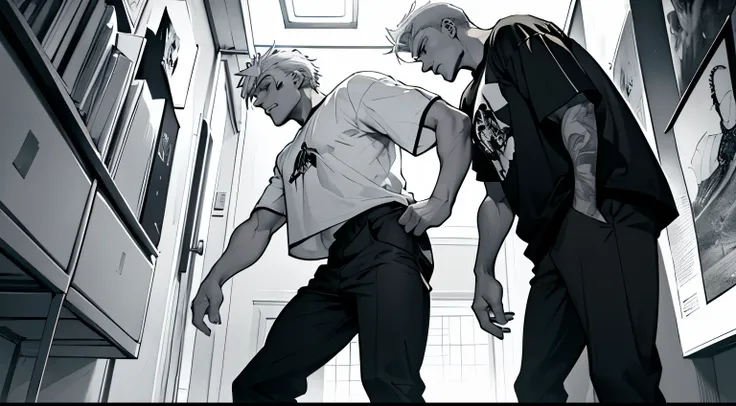 monochrome,masterpiece,illustration, best quality, best aathetic,male focus,Men grabbing each others shoulders and arguing,two man,from side,white hair,standing,full body,20 years old,dynamic angle,t-shirt,