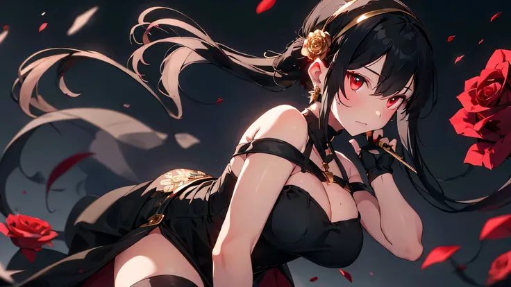 yor briar,

1girl, backlighting, bare shoulders, black background, black dress, black gloves, black hair, blood, blood on face, blood on weapon, breasts, closed mouth, cowboy shot, dress, earrings, expressionless, fingerless gloves, floating hair, floral p...