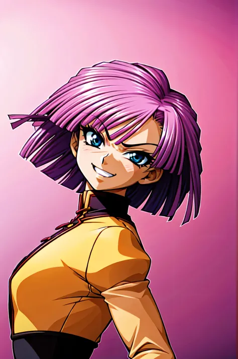 (best_quality 4K, 8K, High resolution, Masterpiece: 1.2), ultra detailed),from_below,(anime_screencap),(1girl,solo),dynamic_angle,very evil_smile,very evil laugh at,tis,shadeded_face,very sadistic,smile worst,,bob short  hair,,black and pink background,