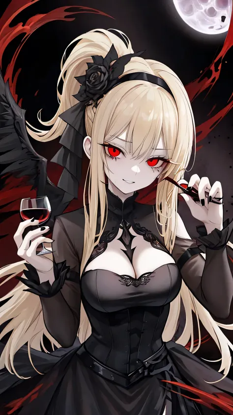 A 20-something woman with blonde hair in a ponytail, wearing a black wedding dress. She has crow-like black wings and red eyes, with a mischievous smile suggesting she is plotting something evil. In one hand, she holds a glass of red wine. The background f...