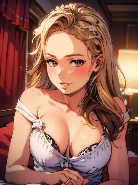 (masterpiece, best quality:1.2), (highres, abstract:1.1), ultra detail, 1girl, cute pose, camisole, off shoulder, parted lips, smile, blush, prinzzess