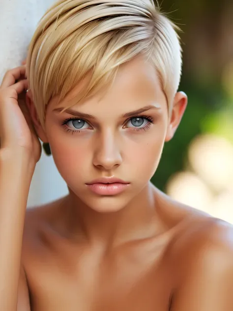 naked fully tanned 16 years old naked girl, short blonde pixie cut hair, shaved hair on right side of head, wearing purple sungl...