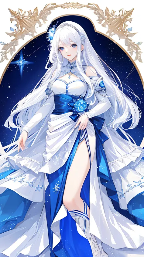 A woman in her 20s with long white hair down to her waist, wearing a dark blue wedding dress that resembles a starry night. She stands in the snow, creating a beautiful, fantastical, and radiant atmosphere. The scene is bright and luminous.