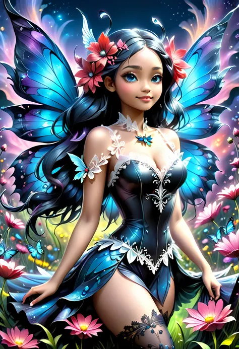 high details, best quality, 16k, RAW, [best detailed], masterpiece, best quality, (extremely detailed), full body, ultra wide shot, photorealistic, dark fantasy art, goth art, RPG art, D&D art, a picture of a dark female fairy resting in a flower meadow, e...