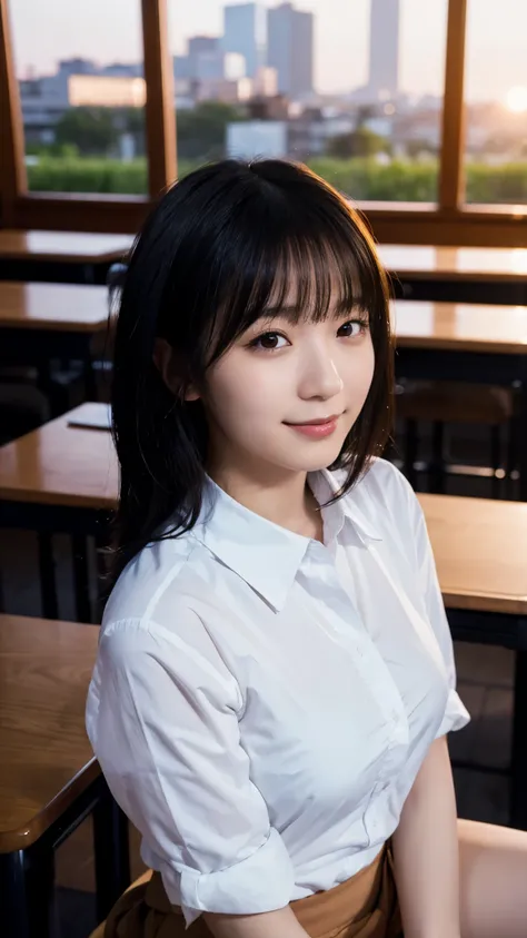 (highest quality,masterpiece:1.3,Ultra-high resolution),(Super detailed,Caustics,8k), (Photorealistic:1.4, RAW shooting),dusk,Sunset sky,Dimly lit classroom,Japanese,20-year-old,smile,Black Hair Middle Hair,(White shirt),Big Breasts,Waist up shot,Natural l...