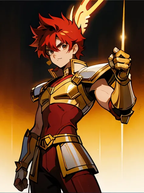 redhead teenage man, brown eyes, spiky hair, gold armor of the sign of sagittarius, anime cover,