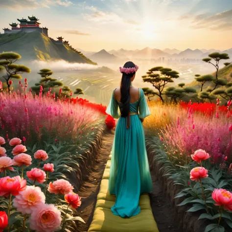 Paint a work in the traditional Chinese ink painting style with an emphasis on gold. Among them should be depicted a wise man with gray hair and long hair and sharp eyes of pink color. This sage should be a man with many hands and fingers and multiple face...