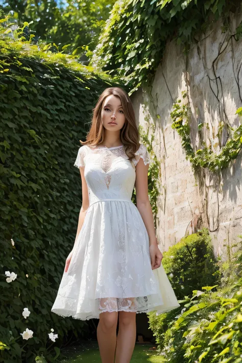 A woman in a white lace resort dress standing in front of a hedge