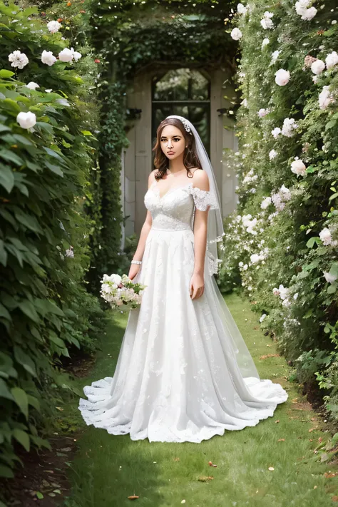 A woman in a white lace wedding dress standing in front of a hedge, Hi3GB