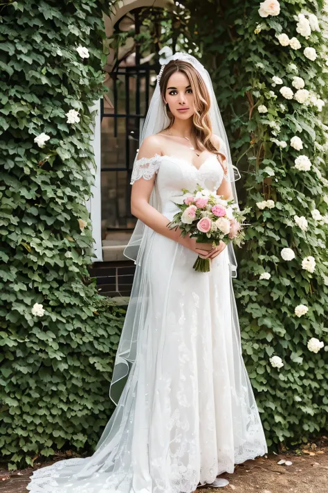 A woman in a white lace wedding dress standing in front of a hedge, Hi3GB