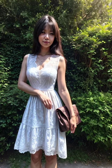 a japanese woman in a white lace resort dress standing in front of a hedge, hi3gb