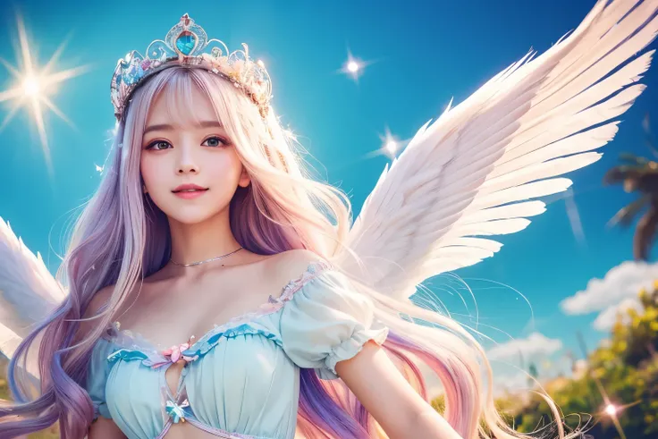 Use magic,heaven,tiara,Angel,Lolita,woman,Smile,Short sleeve,race,Lens flare,magical energy,healing,Sparkly Background,noon,summer,Light of the sun,Light background,Light blue sky,cute,Princess,clear,happiness,Angelの羽根,Fairy Wings,Silky shiny hair,Glossy S...