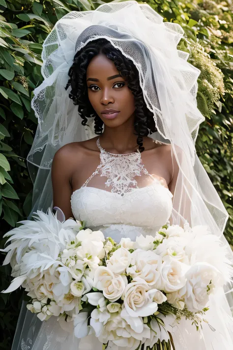 A African woman in a white lace wedding dress standing in front of a hedge, Hi3GB