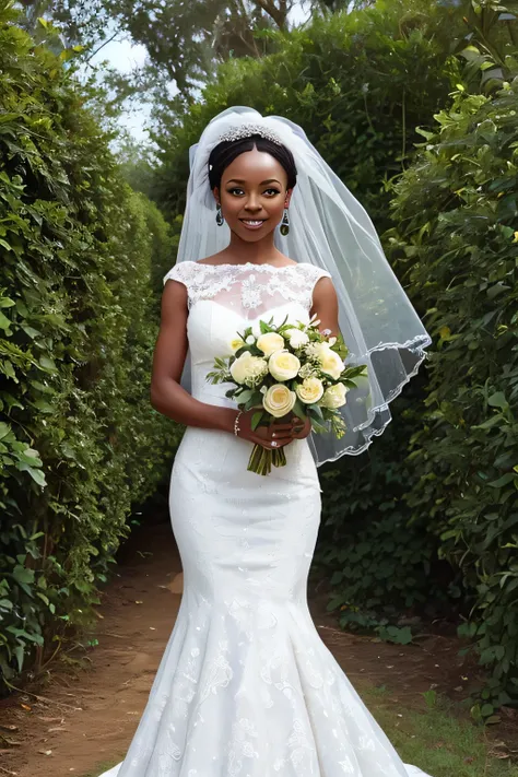 A African woman in a white lace wedding dress standing in front of a hedge, Hi3GB