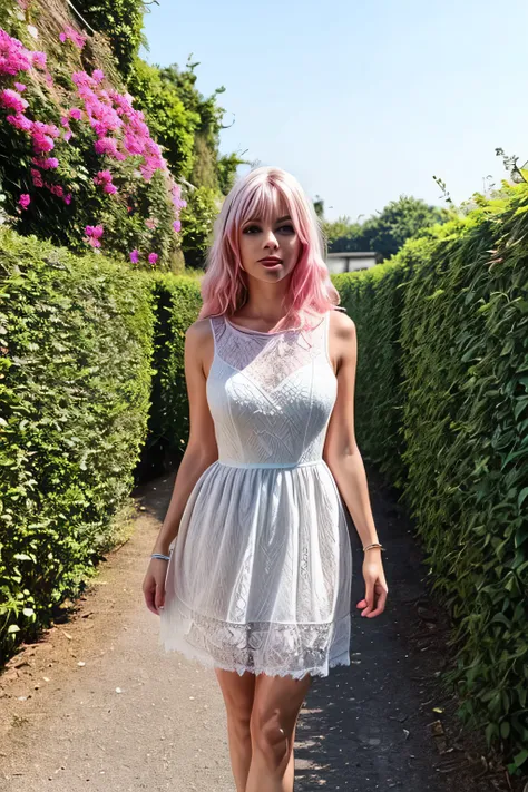 a woman in a white lace resort dress standing in front of a hedge, pink hair, hi3gb