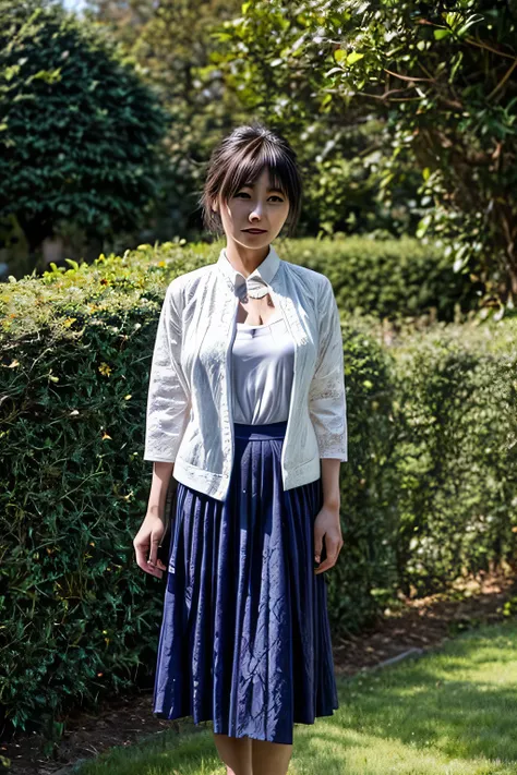 a japanese woman in a white lace jacket and navy blue skirt, standing in front of a hedge, hi3gb