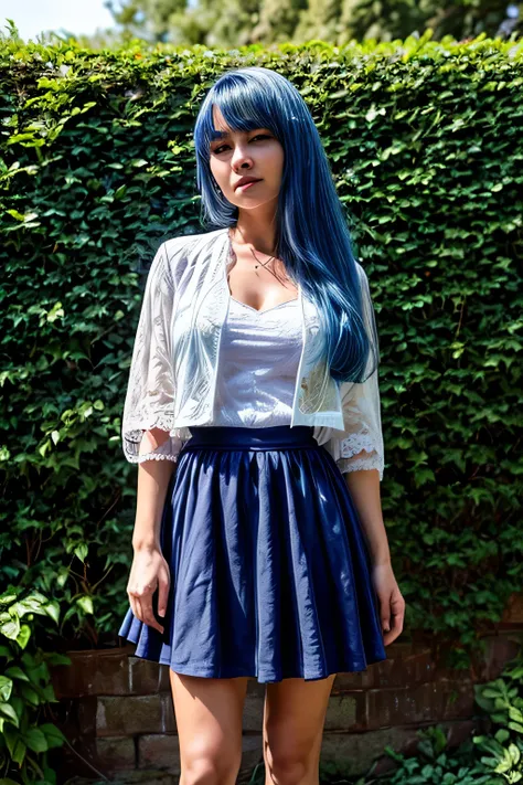 a woman in a white lace jacket and navy blue skirt, standing in front of a hedge, blue hair, hi3gb