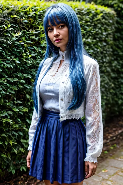 a woman in a white lace jacket and navy blue skirt, standing in front of a hedge, blue hair, hi3gb