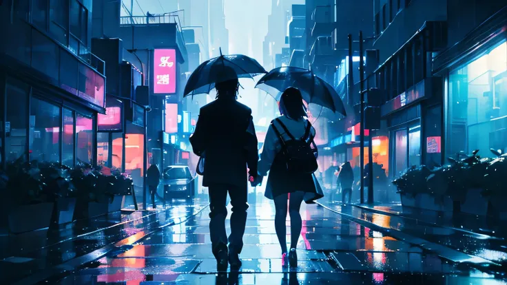 Rainy Neon City。Back view of a man and woman walking in the city。