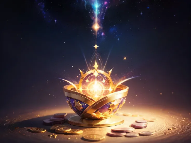 Mystical cosmic bank, universe wealth, glowing treasures, ethereal vault, starry sky, shimmering gold, bright galaxies, radiant coins, celestial fortune, infinite prosperity, cosmic riches, peaceful aura, otherworldly abundance, vibrant colors, serene spac...