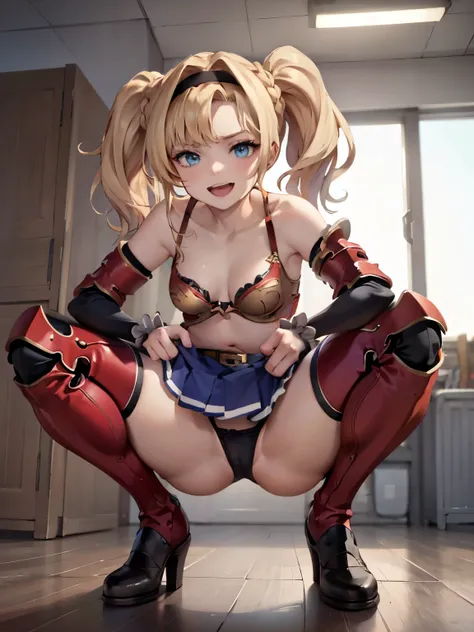 double v,from front,focus on panties,crotch seam, fine underwear,{{{print panty1.1}}},flat chest
,BREAK,
zetadef, braid, hair intakes, twintails, hairband, red armor, shoulder armor, skirt, thighhighs, gauntlets, belt, midriff, cleavage 
,BREAK, 
from fron...