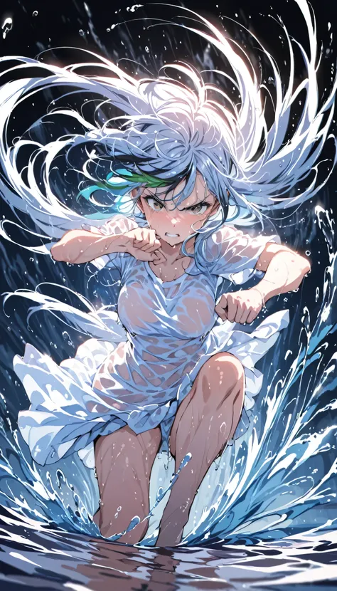 masterpiece, highest quality, (Dynamic pose:0.5), Absurd, One girl,  Fighting Pose, Punch Water, (Attacking with water:1.5) Wet clothes, wet hair, Wet Face, Water behind a person, Multicolored Hair, (Wind:1.4)