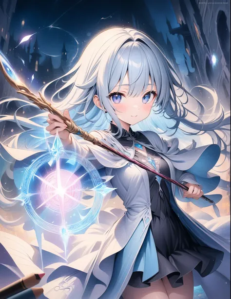 ((style:Colored pencil,pale colour)),(anime)、(masterpiece:1.2),atmospheric perspective,lens flare、Otherworldly fantasy、Wizard Girl、magic circle、Beautiful effects、cute、With a wand in one hand、Cast a spell in front、A spectacular and devastating work、((Magica...