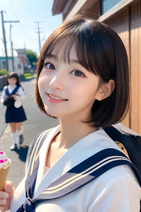 (1 Girl)、(Beautiful Japanese、18years old,round face、Refreshing、clear、seems kind、stylish、Pitiful、cute like an angel、cute、black eyes、,actress,Almond-shaped eyes,Translucent white skin、Beautiful skin), Good style , (((Beautiful big breasts:1.2))),(((soft brea...