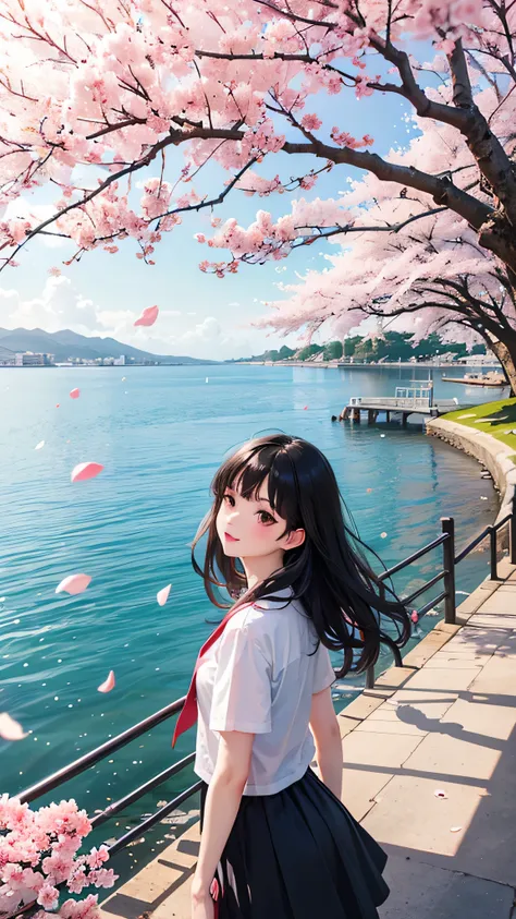 One girl,Black Hair, Floating Hair, Seaside,Color,landscape,cherry blossoms, Falling petals, Sunbeam,God&#39;s Rays,Upper Body, color,dress,kimono