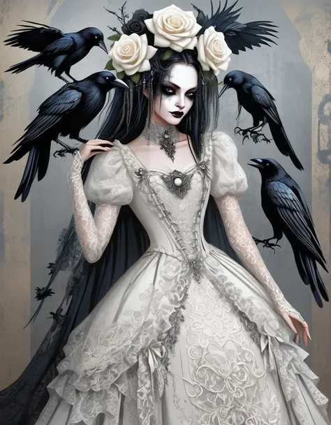 the crow brought a white rose，gothic style white lace clothing design