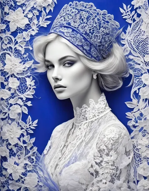 in style of boho fashion design, white lace/white lace，royal blue background, beautiful detailed