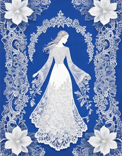 in style of Boho fashion design, White Lace/White lace，Royal blue background, beautiful detailed