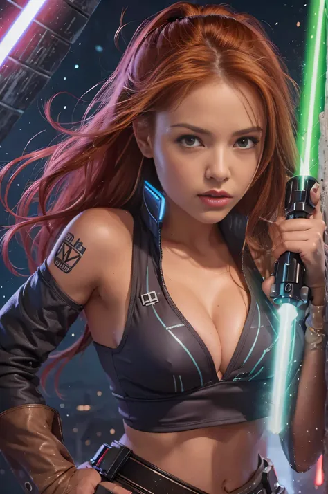 ((RAW Image Quality:1.4)), Sexy woman holding lightsaber sword wearing star wars bikini by arafe, money, Mara Jade skywalker, better known as money, Female Jedi, Mara Jade, With a lightsaber sword, money as a super villain, Holding a lightsaber 4k, With li...