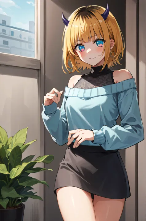 1girl in, MEMcho, Blonde hair, Blue eyes, Blunt bangs, Demon Horns, fake horns, Horns, Short hair,
BREAK bare shoulders, Black skirt, (Blue sweater:1.5), Long sleeves, off shoulders, off-the-shoulder sweater, Puffy sleeves, Skirt, Sweaters, White ribbon, S...