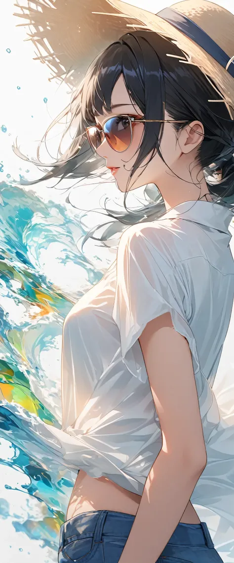 oriental beautiful girl，sideways，looking over the shoulder，white transparent real-life painting，colorful water splash rendering，...