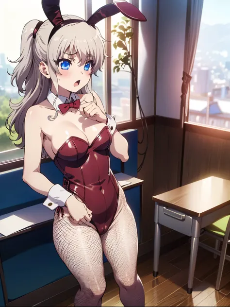 nsfw,1 girl,nao tomori,(playboy bunny:1.5),fishnet tights,streaks,(perfect hands),(perfect anatomy),(masterpiece),(highest quali...