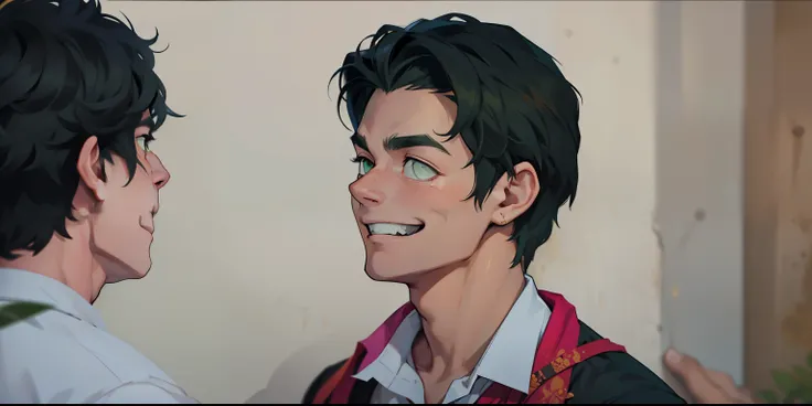 cute 18 year old boy, green eyes, mischievous smile, he is happy because he saw someone he likes, he has golden jewelry, golden bracelets, white shirt with gold color
