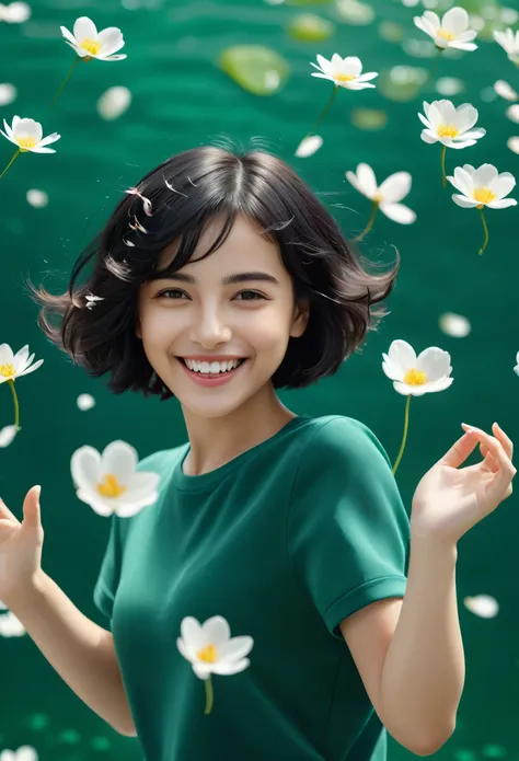 (best quality,4k,8k,highres,masterpiece:1.2),ultra-detailed,(Ultra-realistic, photorealistic,photo-realistic:1.37), Beautiful and delicate portrait of a playful cute girl with boyish short hair, Black Hair, Emerald Green Sea, Mischievous Smile, Dancing Pet...