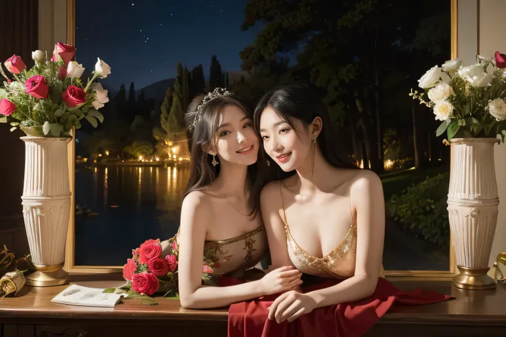 Giorgione painting style,Arguments of two female Philosophe,math、astronomical machine、astronaut、roses in vase、fruits、Cute trinkets、smile、ancient greek costume、Background is a forest lake at night 、Clothes that stretch your shoulders、A big smile、beautiful b...