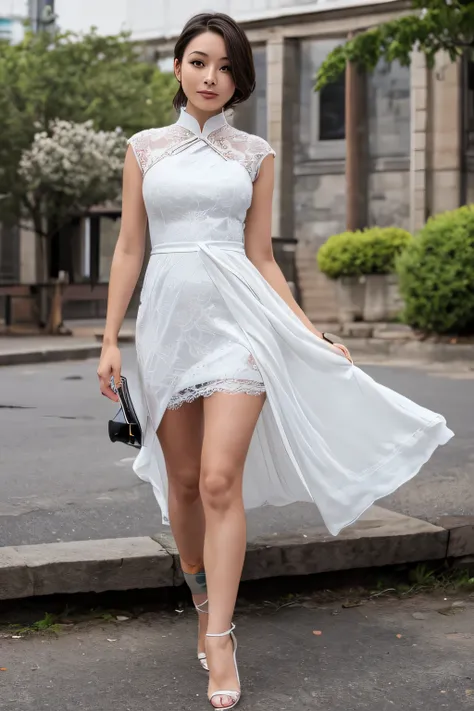 Maxi length white lace cheongsam