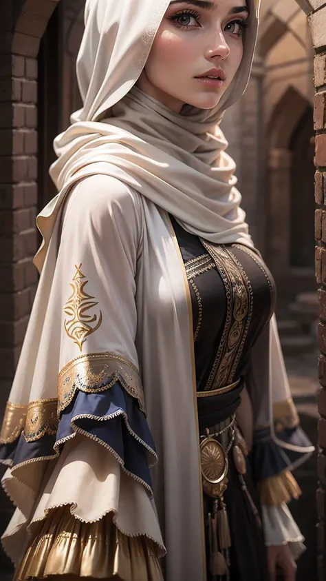 modelshoot style, (extremely detailed CG unity 8k wallpaper), full shot body photo of the most beautiful artwork in the world, (arabic princess:1.4), delicate silk clothes, arabian silk Hijab, magic, an arabic village with persian details in the background...