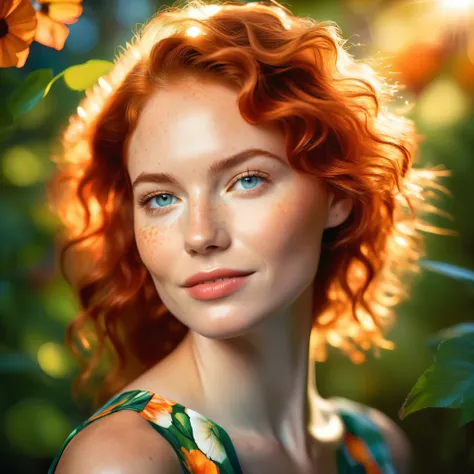 epic (masterpiece portrait:1.2) A woman in Montreal at dawn with cute orange curly hair, a warm smile, vibrant green eyes, and delicate freckles. She is adorned in a beautiful floral print dress that complements the scenic backdrop. The soft light of dawn ...